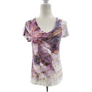 Romeo & Juliet Couture Floral Purple Gold V Neck Fitted T-Shirt Top Womens Small